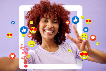 Poster - Selfie of woman with peace sign, social media and emoji in studio to like, subscribe and review. Frame, face and streamer girl on purple background with notification icon, hand gesture and online app