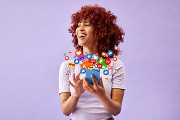 Sticker - Phone, social media and emoji reaction with a black woman in studio on a purple background for communication. Mobile, app and notification with a happy young person using technology to like a post