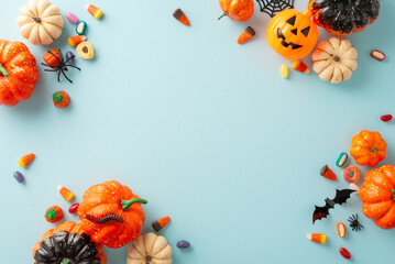 Wall Mural - Fun-filled kid's trick or treat tradition. Bird's-eye view image of a pumpkins, candies, and Halloween decorations on light blue isolated surface, ideal for text or advert incorporation