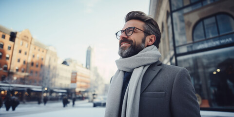 Portrait of happy smiling businessman in a city in winter. Concept of business, success and entrepreneurship