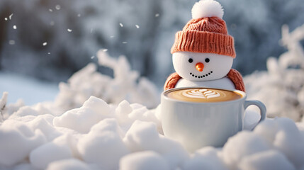 Cappuccino cup on winter background with toy snowman