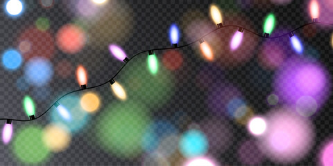 Wall Mural - Christmas lights isolated on transparent background. Set of Christmas glowing garlands with sparks. For congratulations, invitations and advertising design. Vector	