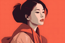 Generative AI Cartoon Illustration Portrait In Side View Of Young Female Model In Dark Hair And Cultural Cloth Looking At Camera On Red Background