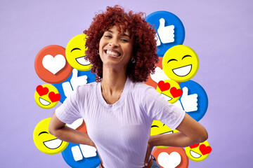Aufkleber - Influencer, portrait of woman with smile and emoji in studio to like, subscribe and review on post. Happy, face and streamer girl on purple background with notification icon opinion on social media.