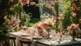 Fototapeta  - Morelowe kwiaty - stoliki weselne. Sala weselna udekorowana. Stoliki z zastawą kryształową. Inspiracje dekoratora i florysty.