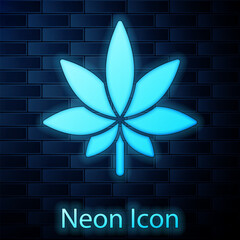 Sticker - Glowing neon Medical marijuana or cannabis leaf icon isolated on brick wall background. Hemp symbol. Vector Illustration