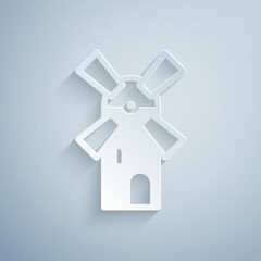 Canvas Print - Paper cut Windmill icon isolated on grey background. Paper art style. Vector