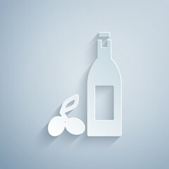 Poster - Paper cut Bottle of olive oil icon isolated on grey background. Jug with olive oil icon. Paper art style. Vector