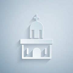 Wall Mural - Paper cut Church building icon isolated on grey background. Christian Church. Religion of church. Paper art style. Vector