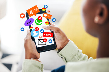 Poster - Phone, notification icon or black woman on social media online dating for chat texting communication. Like, heart emojis overlay or person typing on app screen, website or digital network at home