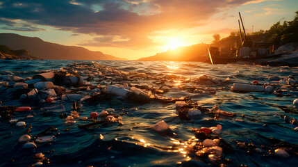 Wall Mural - A beach completely polluted by plastic waste washed up by the ocean