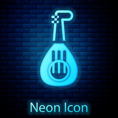 Canvas Print - Glowing neon Musical instrument lute icon isolated on brick wall background. Arabic, Oriental, Greek music instrument. Vector