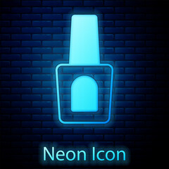 Wall Mural - Glowing neon Bottle of nail polish icon isolated on brick wall background. Vector