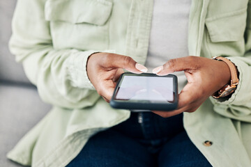 Aufkleber - Phone, screen or hands of woman online for email communication, chat texting or social media. Reading news, closeup or person typing on app to scroll website or digital network on couch at home