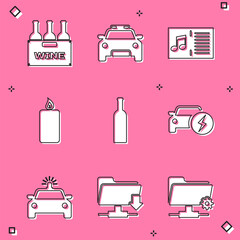 Wall Mural - Set Bottles of wine in box, Police car and flasher, Music book with note, Burning candle, and Electric icon. Vector