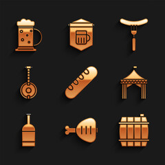 Sticker - Set French baguette bread, Chicken leg, Wooden barrel, Camping tent, Beer bottle, Banjo, Sausage on the fork and beer mug icon. Vector