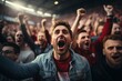 Fußball Fans feiern ihre Mannschaft bei der Europameisterschaft, Weltmeisterschaft im Stadion, Feuerwerk und jubelnde Zuschaue