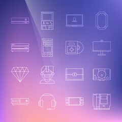 Poster - set line cartridge, video game console, computer monitor, laptop, create account screen, and cd dvd 