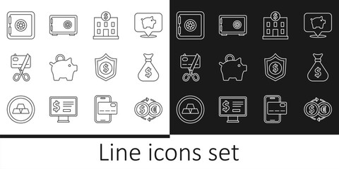 Wall Mural - Set line Money exchange, bag, Bank building, Piggy bank, Scissors cutting credit card, Safe, Shield with dollar and icon. Vector