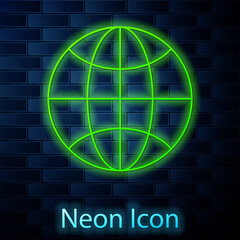 Canvas Print - Glowing neon line Worldwide icon isolated on brick wall background. Pin on globe. Vector Illustration