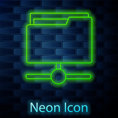 Poster - glowing neon line ftp folder icon isolated on brick wall background. software update, transfer proto