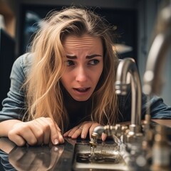 Wall Mural - Funny exhausted family woman is fixing the faucet in the sink. Generative AI