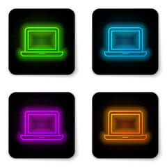 Poster - Black Laptop icon isolated on black background. Computer notebook with empty screen sign. Abstract banner with liquid shapes. Vector