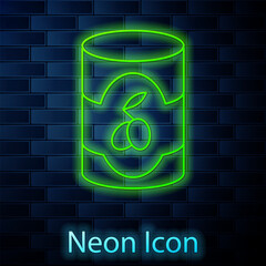 Poster - Glowing neon line Olives in can icon isolated on brick wall background. Concept of canned food. Vector