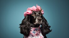 Humorous Portrait Of Cute Black Cocker Spaniel Dog With Flowers On It's Head And A Floral Dress. Minimal Concept Of Girly Style. Blue Background With Copy Space