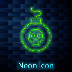 Poster - Glowing neon line Bomb ready to explode icon isolated on brick wall background. Vector