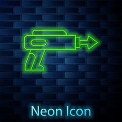 Sticker - Glowing neon line Fishing harpoon icon isolated on brick wall background. Fishery manufacturers for catching fish under water. Diving underwater equipment. Vector