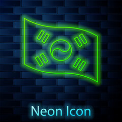 Sticker - Glowing neon line South Korea flag icon isolated on brick wall background. Vector