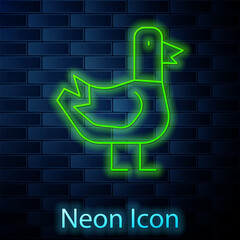 Canvas Print - Glowing neon line Dove icon isolated on brick wall background. Vector