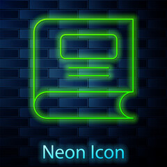 Poster - glowing neon line book icon isolated on brick wall background. vector