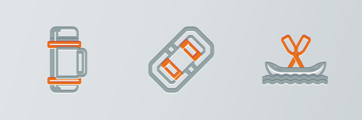 Poster - Set line Rafting boat, Thermos container and icon. Vector