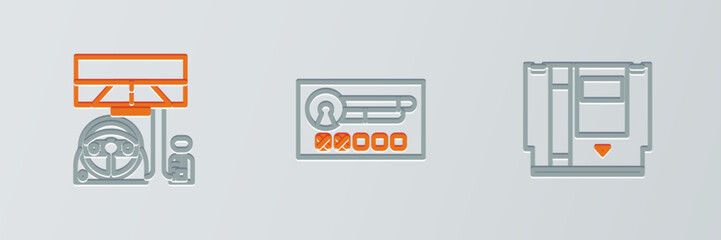 Poster - Set line Cartridge, Racing simulator cockpit and Create account screen icon. Vector
