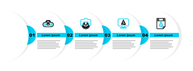 Wall Mural - Set line Calendar party, Slice of pizza, Clown head and Home stereo with two speakers icon. Vector