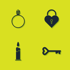 Poster - Set Diamond engagement ring, Key heart shape, Burning candle and Castle the of icon. Vector