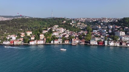 Sticker - Uskudar District in Istambul, Turkey. Bosphoros canal and Bosphorus Bridge known officially as the 15 July Martyrs Bridge. Drone Point of View