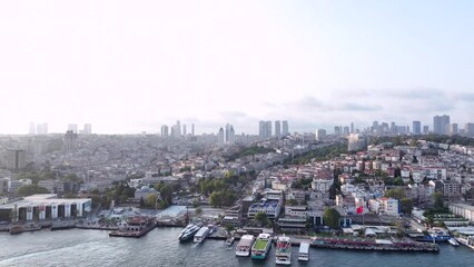 Poster - Istanbul panorama, Turkey. Istanbul Canal, as well as Bosphoros canal. Sunset time. Cityscape in Background. Drone Point of View