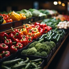 a variety of fresh vegetables and fruits on the counter of the vegetable department in the store. 