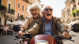 Fototapeta  - Retired couple on scooter in Italy, Europe, happy seniors on holidays