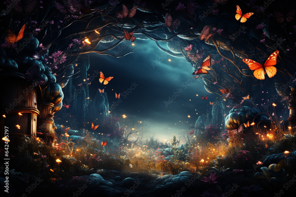 Beautiful fantasy enchanted forest with butterflies, flowers and copy ...