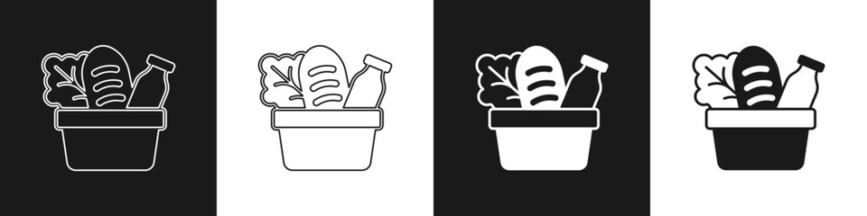 Set Paper shopping bag and food icon isolated on black and white background. Food store, supermarket. Vector