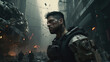 © Jacques Evangelista - a soldier holding a rifle, special forces, futuristic, ruined city background. War.
