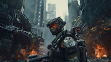 A Soldier Holding A Rifle, Special Forces, Futuristic, Ruined City Background. War.