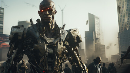 a soldier holding a rifle, special forces, futuristic, ruined city background. War.