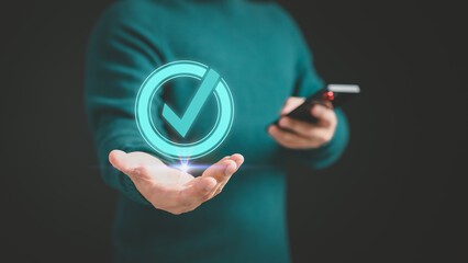 Fototapete - User man showing on hand identity proofing icon for security protection system on virtual screen. Quality assurance of business service. Certified guarantee approval or secure access system concept.