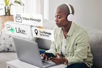 Poster - Laptop, notification overlay or woman typing for communication, social media or online chat. Headphones, email message alert or African person streaming music on website or mobile app network at home