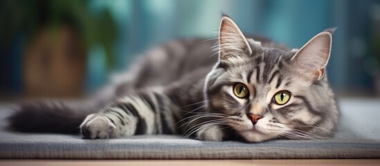 Sticker - A pet cat with gray stripes lounges indoors